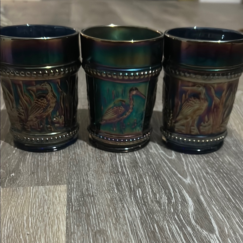 Vintage Dugan Carnival Glass Tumblers –Peacock Fountain Iridescent Cups,Set of 3